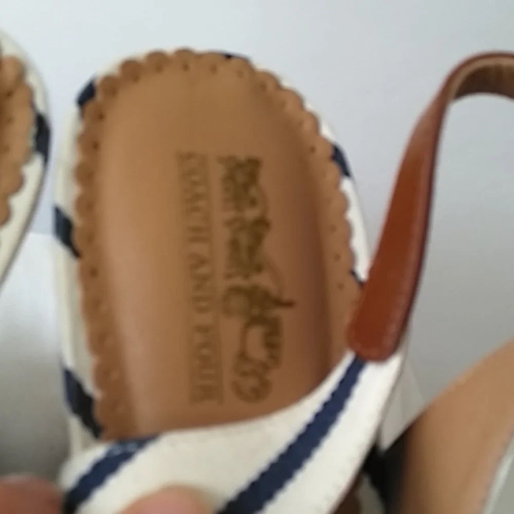 Cream and navy sling back peep toe nautical‎ sandals